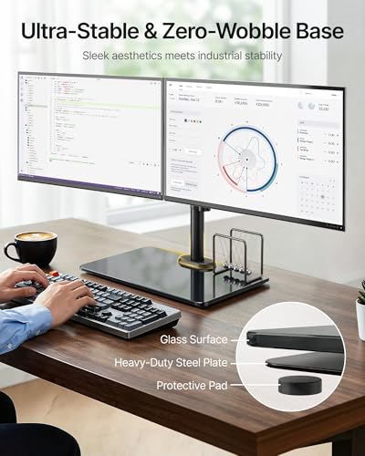 monTEK Freestanding Dual Monitor Stand with Sleek Glass Base for 17-32 inch Screens, Heavy-Duty Dual Monitor Mount Holds 22 lbs per Arm, Fully Motion Height Adjustable, VESA 75/100 MM