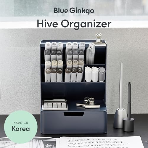 BLUE GINKGO Hive Desk Organizer – Vertical 6-Compartment, Full-drawer Storage – Space-Saving Pen Holder, Stationery Storage – Organizer for Office, School Supplies, Makeup (Made in Korea, Blue) - color: BLUE, size: Hive