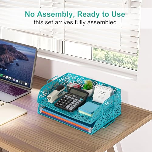 EasyPAG Paper Organizer for Desk 2 Tier Stackable Paper Tray for A4 Legal Size Folders Metal File Storage Desktop Organizer for Home Office School Teacher, Dark Teal - color: Dark Teal