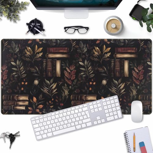 Vintage Plant Desk Mat Gaming Large Mouse Pad, Vintage Books Gothic Desk Pad Bookcase Mouse Mat XXL Laptop Keyboard Pad, Laptop Keyboard Mousepad Aesthetic Accessories for Women 31.5" X 15.7" - color: Vintage Black