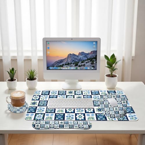 Blue Floral Tile Desk Mat Set Classic Check Botanical Mouse Pad with Wrist Rest 4in1 Desk Mat for Desktop Ergonomic Computer Desk Arm Wrist Anti-Slip Computer Ergonomic Mouse Pad Home Office Gaming - color: Blue Floral Tile