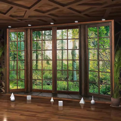 Aidatain Green Forest Natural Tapestry Window Scenery Wall Aesthetic Tapestry for Bedroom Flannel 93" L x 71" W Beach Blanket Living Dinning Room College Dorm Wall Hanging GTDJAT0093 - size: 93"L x 71"W