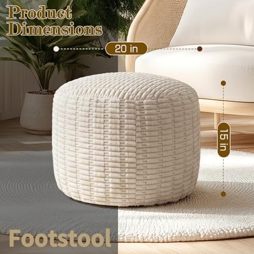 Round Corduroy Ottoman Foot Rest Pouf for Living Room Couch - Soft Plush Shredded Foam Filled Hassock Stool, Comfy Footstool for Adults (Cream - Chunky Corduroy, 20 INCH×15 INCH) - color: Cream - Chunky Corduroy, size: 20"D x 20"W x 15"H