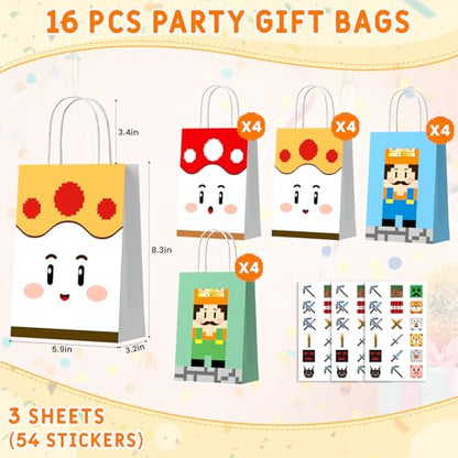 Magpixel Gift Bags with Handle: 16PCS Video Game Party Favor Bags, 54PCS Pixel Temporary Tattoos, Cartoon Paper Goodie Bags for Kids Birthday Christmas Holiday Decoration Classroom Treats
