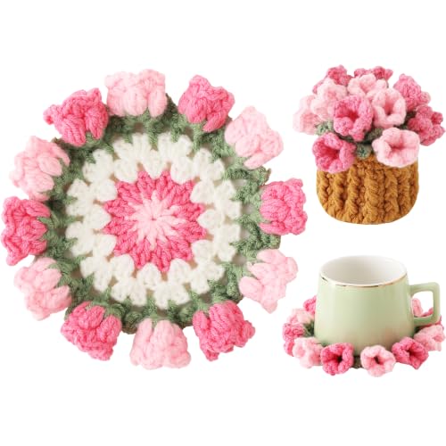 Flower Crochet Coasters, Handmade Bouquet Blanket Coaster with Crochet Plant Pot Fun Soft Decorative Drink Coasters for Coffee Tabletop Protection and Home Decor (Pink, 1Pc) - color: Pink, size: 1Pc