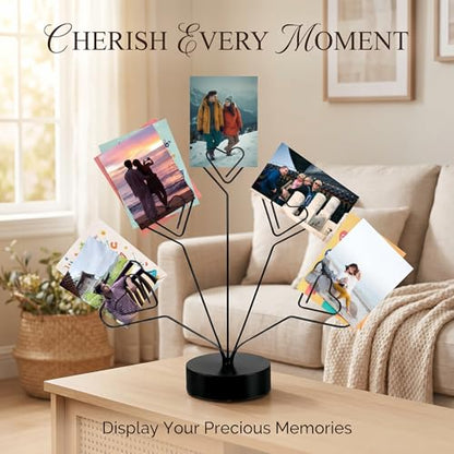 Desktop Heart-Shaped Photo Tree Style Holders Round Base,5-Branch Family Picture Frame Clips Holder Desk Card Display Stand for Christmas,Wedding, Birthday Party,Black - color: Black