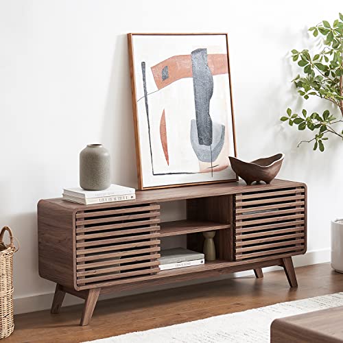 mopio Ensley 59" Tall TV Stand with Slatted Door, Mid Century Modern Entertainment Center for 55-65 inch TV, Farmhouse Media Console with Storage, Adjustable Shelves, Round Edges, Living Room (Walnut) - color: Walnut, size: 59 inch Tall