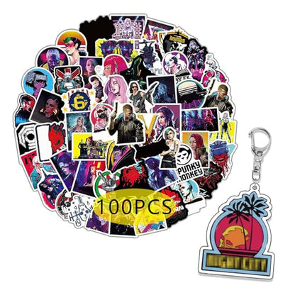 Pounchi City Game Stickers (100 Pcs with Keychain Pendant) | Video Game PVC Sticker, Gifts for Laptop Water Bottle Skateboard Party Supplies Decorations Teens Kids