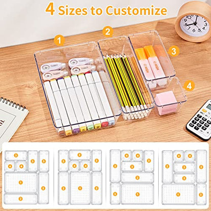 SMARTAKE 28 Piece Drawer Organizers with Non-Slip Silicone Pads, 4-Size Desk Drawer Organizer Trays Storage Tray for Makeup, Jewelries, Utensils in Bedroom Dresser, Office and Kitchen, Clear - size: 28 PCS
