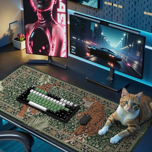 Desk Pad Mat, Stitched Edges Cute Desk Mat, Non-Slip Tiger Desk Mat Gaming, Smooth Green Mouse Pad, Soft Desk Cushion for Office Home 35.4 x 15.7 Inches (Green) - color: Multi/Green