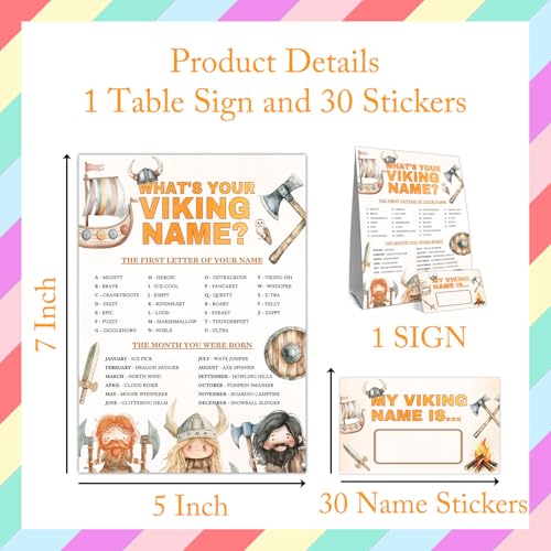 What's Your Viking Name Party Activity Cards, Viking Birthday Party Decor, Medieval Name Card Set with 1 Viking Name Sign and 30 Name Stickers, Party Table Decoration - style: Cow
