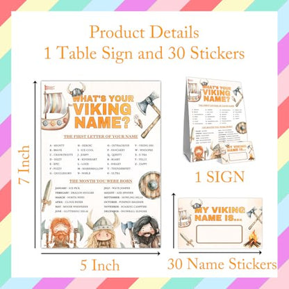 What's Your Viking Name Party Activity Cards, Viking Birthday Party Decor, Medieval Name Card Set with 1 Viking Name Sign and 30 Name Stickers, Party Table Decoration - style: Cow