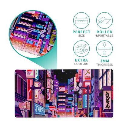 Dark Purple Japanese Gaming Mouse Pad Abstract Anime Mat 27.6x11.8 Inch Tokyo Pixel Street Texture Non-Slip Rubber Base Kawaii Mousepad Stitched Edges Keyboard Desk Pad for Office and Home Game - color: Japanese Street