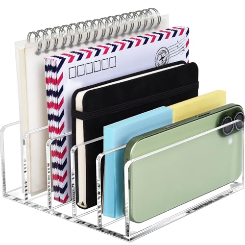 BEYGORM Acrylic Mail Holder, Clear Multifunction Desk Organizer with Divider, Vertical Letter Sorter for Desktop, 5 Compartments Modern Office Home Envelope Organizer for Bill, Document, Folder - size: Medium