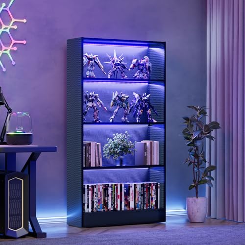 CODACE Tall Wooden Black Bookshelf - Display Shelf with LED Lights, Lighted Book Shelf with 4-Tier Shelves,Large Display Bookshelves for Collectibles, Modern Bookcase for Bedroom, Living Room, Office - size: 4 Tiers - 10.2"D x 27.6"W x 59.1"H