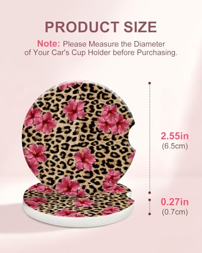 Swooflia Car Coasters for Women - Leopard Pink Flower Car Cup Coasters Absorbent Cup Holder Coasters for Car 2 Pcs Ceramic Car Cupholder Coaster with Cork Base Car Interior Accessories - color: Leopard Pink Flower
