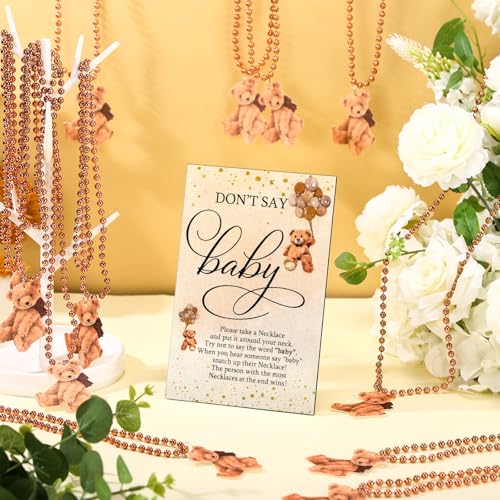 Roowest 51 Don't Say Baby Shower Game Wooden Sign Table Decor Gift Sets 50 Necklaces Felt Bear Pattern Necklaces for Baby Shower Gender Reveal Games Party Favor(Brown)