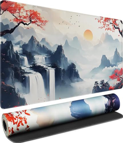 Large Gaming Mousepad, Waterproof Extra Large Mouse Pad with Stitched Edges, 31.5" x 15.7" Non-Slip Rubber Base Office Big Long Keyboard Pad for Office Gamer Home XXL, (Mountains Waters) - color: Mountains Waters