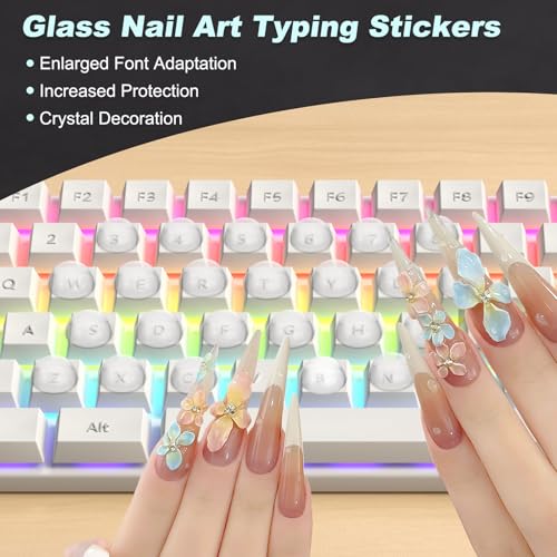 32Pcs Glass Nail Art Typing Stickers - Protective Adhesive Clear Glass Long Nail Keyboard Cover 3D Raised Keyboard Cover Skin, Clear