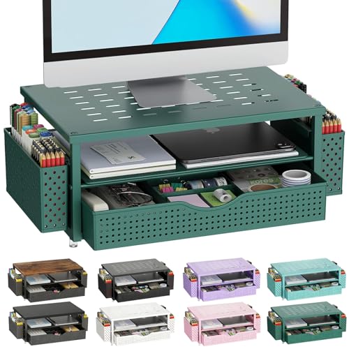 gianotter Desk Organizers and Accessories, Monitor Stand with Drawer and 2 Pen Holder, Desktop Organizer Suitable for Offices and Dormitories (Green) - color: Green-Ventilated