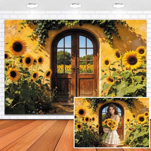 Sunflower Backdrop for Photography 7x5ft Vinyl Rustic Yellow Floral Garden Brown Wood Door Hello Summer Photo Background Banner Country Wedding Birthday Party Decorations Booth Props - color: garden, size: 7x5ft
