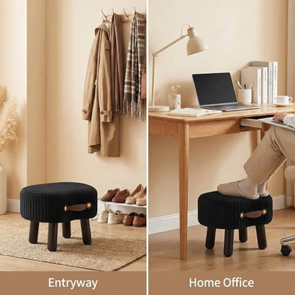Foot Stools Ottoman with Handle Small Foot Stool Footrest Ottomon | Velvet Footstool Ottoman with Padded Seat, Curved Foot Rest Stool with Wooden Legs for Living Room, Entrywa（Black） - color: Black