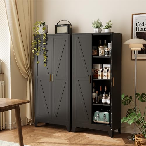 COFaR 61" Metal Pantry Cabinet in Black, Modern Storage Cabinet with Adjustable Shelves, Sturdy Metal Cupboard for Kitchen, Office, Living Room & Bathroom Organization - color: Black, size: 61"H 4 Tiers