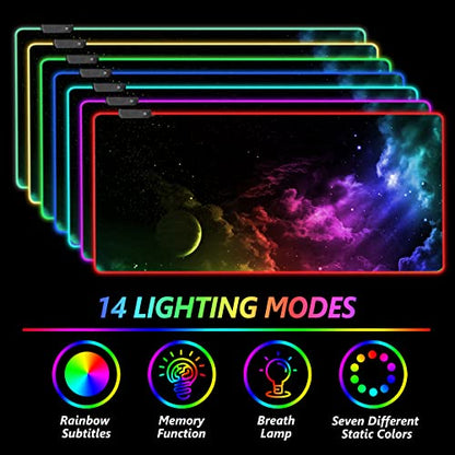 AIMSA Large RGB Gaming Mouse Pad, Keyboard Mousepad Led Extended 35.4 x 15.8 inch Non-Slip Rubber Base with 14 Lighting Modes, Big Desk Mat Waterproof, Nebula Universe - color: Nebula Universe