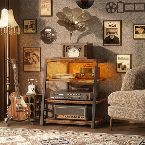 AV Media Stand with Outlets, Stereo Stands and Racks with Vinyl Storage, Stereo Stand with Record Storage, Audio Stereo Rack Cabinet, Turntable Console Stand with LED lights, 4 Tiers, Rustic Brown - color: Rustic Brown