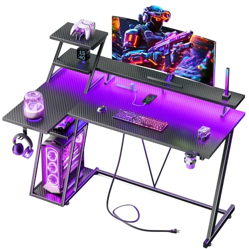 Korfile 55 Inch Black Gaming Desk with LED Lights & Power Outlet, Gaming Computer Desk with Storage Shelves, L Shaped Gamer Workstations with Monitor Stand for Bedroom - size: 55 Inches