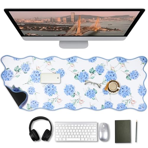 Copkim 1 Pcs Blue Scalloped Hydrangea Desk Mat 31.5 x 11.8 Inch Large Cute Mouse Pad Computer Mat Non Slip Waterproof Rubber Base with Border Stitching Soft Keyboard Pad for Home Office Gaming Makeup - color: Blue, style: Hydrangea