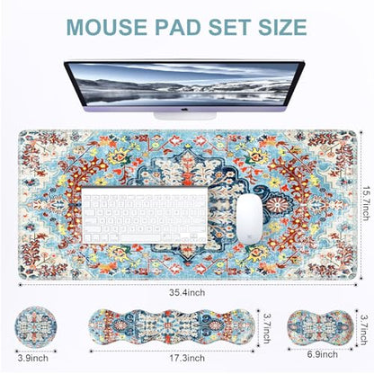iLeadon Mouse Pad Set, Desk Mat + Mouse Pad with Wrist Rest + Keyboard Wrist Rest + Coaster, 4in1 Large Gaming Mouse Pad Set for Home Office, Retro Boho Floral Blue - color: Retro Boho Floral Blue