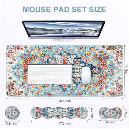 iLeadon Mouse Pad Set, Desk Mat + Mouse Pad with Wrist Rest + Keyboard Wrist Rest + Coaster, 4in1 Large Gaming Mouse Pad Set for Home Office, Retro Boho Floral Blue - color: Retro Boho Floral Blue
