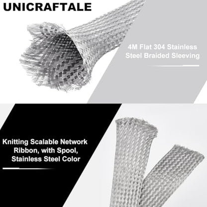 UNICRAFTALE 1" Wide Stainless Steel Braided Sleeving Braid Cable Wire Shielding Sleeve Ground Straps Protection Flat Metal Mesh Flexible Expandable Scalable Ribbon Wire for Protect Cable 13.12 Feet - size: 4m x 25mm