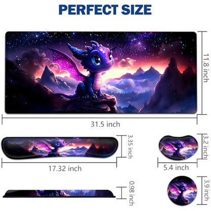 Large Mouse Pad + Keyboard Wrist Rest Set, Extended Gaming Mousepad (31.5X11.8 inch) with Non-Slip Rubber, Ergonomics Memory Foam Mouse Wrist Rest Support, Cute Baby Dragon Pattern XXL Desk Pad - color: Yu-Mouse Pad-3-B49