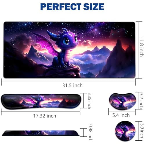 Large Mouse Pad + Keyboard Wrist Rest Set, Extended Gaming Mousepad (31.5X11.8 inch) with Non-Slip Rubber, Ergonomics Memory Foam Mouse Wrist Rest Support, Cute Baby Dragon Pattern XXL Desk Pad - color: Yu-Mouse Pad-3-B49