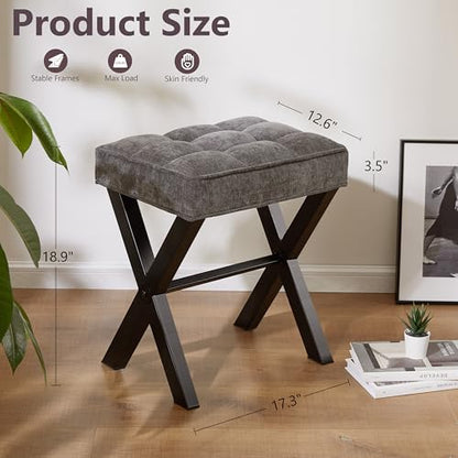 Royal Windsor Vanity Stool,Square Ottoman Stool Foot Rest,Upholstered Vanity Chair Foot Stool with Metal X Legs, Small Vanity seat for Entryway,Bedroom and Living Room,Linen Dark Grey - color: 12.6"d Dark Grey+black
