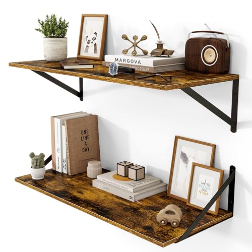 Heimlove Deep Floating Shelves for Wall, 28W x 12D Wood Wall Shelves Set of 2, Wide Floating Bookshelf for Living Room, Kitchen, Office, Bedroom and Decor Storage, with Metal Bracket - Rustic Brown - color: Rustic Brown With Black Metal Bracket, size: 28w
