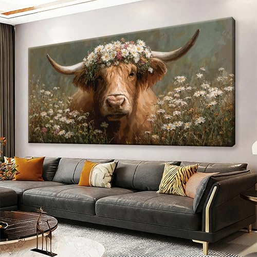 YISXINOAG Flower Wall Decor Animal Canvas Wall Art Large Highland Cow Wall Art for Living Room Floral Canvas Artwork Highland Cow Decorations Pictures for Bedroom Ready to Hang Size 29"X58" - color: light brown, size: 58"L x 29"W
