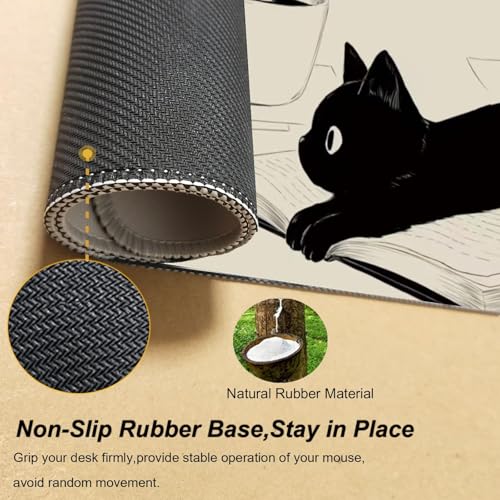 Gaming Mouse Pad XL Extended Anime Mouse Pad 31.5x11.8inch, Large Cute Kawaii Big Computer Mouse Mat Desk Pad Home Office-Black Reading Cat - color: Black Reading Cat, size: 31.5L x 11.8W inches