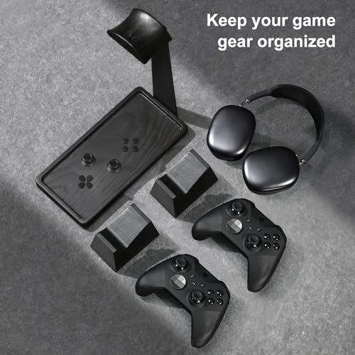 UPERGO Headset Stand with 2 Controller Holders - Solid Wood & Metal Gaming Headphone Holder for Switch, Controllers, and Desk Accessories (Black) - color: Black