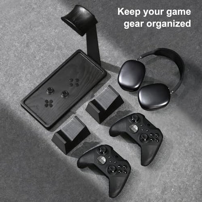 UPERGO Headset Stand with 2 Controller Holders - Solid Wood & Metal Gaming Headphone Holder for Switch, Controllers, and Desk Accessories (Black) - color: Black