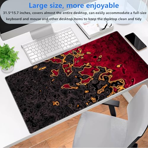 Red and Black Extended Gaming Mouse Pad XL, Abstract Fluid Art Desk Mat | Premium large desk pad featuring a modern black and red fluid marble design. Ideal for sleek abstract tech setups. - color: Red and Black Fluid Art