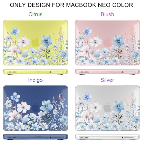 DONGKE Compatible with MacBook Neo 13 Inch Case 2026 A3404 A18 Pro chip & Touch ID, Plastic Hard Shell with Keyboard Cover, Screen Protector & Dust Plugs, Blue Flowers - color: Blue Flowers