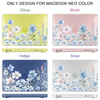 DONGKE Compatible with MacBook Neo 13 Inch Case 2026 A3404 A18 Pro chip & Touch ID, Plastic Hard Shell with Keyboard Cover, Screen Protector & Dust Plugs, Blue Flowers - color: Blue Flowers