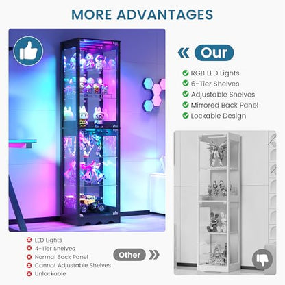 Dystler Display Cabinet with Glass Doors, 6 Tier RGB Lights Curio Cabinet | Adjustable Shelves, Human Sensor Lighting, Modern LED Display Case for Collectibles, Black - color: Black