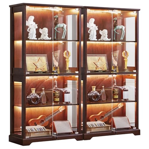 LELELINKY Farmhouse Glass Display Cabinet Set of 2 with Doors, Wooden Curio Cabinet for Collectibles with 3-Color LED Motion-Sensor Light & Reinforced Base, Walnut - color: Walnut, size: Set of 2