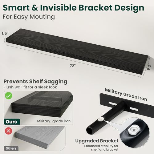 Floating Shelves for Wall 72 in x 9.3 in Deep, Wall Mounted Rustic Wood Shelf with Invisible Brackets for Storage & Display, Living Room Bedroom Bathroom, Black, 1 Pack - color: Black, size: 72 Inch, 1 pack