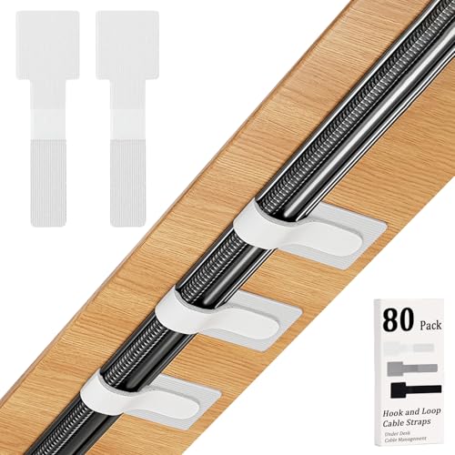 80PCS Hook and Loop Cable Straps, Cable Management Under Desk, Adhesive Cable Ties, Reusable Wire Organizers for Cords, Cords Management, Computer Accessories for Desk, Home Office Essentials, White - color: White