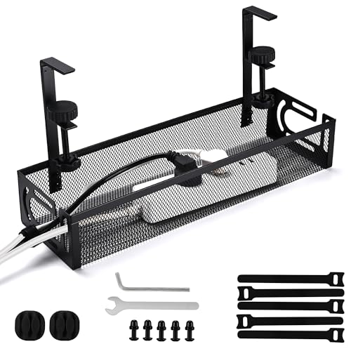 Under Desk Cable Management Tray Small – Clamp-Mounted Wire Organizer & Cord Management Under Desk Rack, No-Drill Metal Cable Organizer for Home Office (Black) - color: Black-L